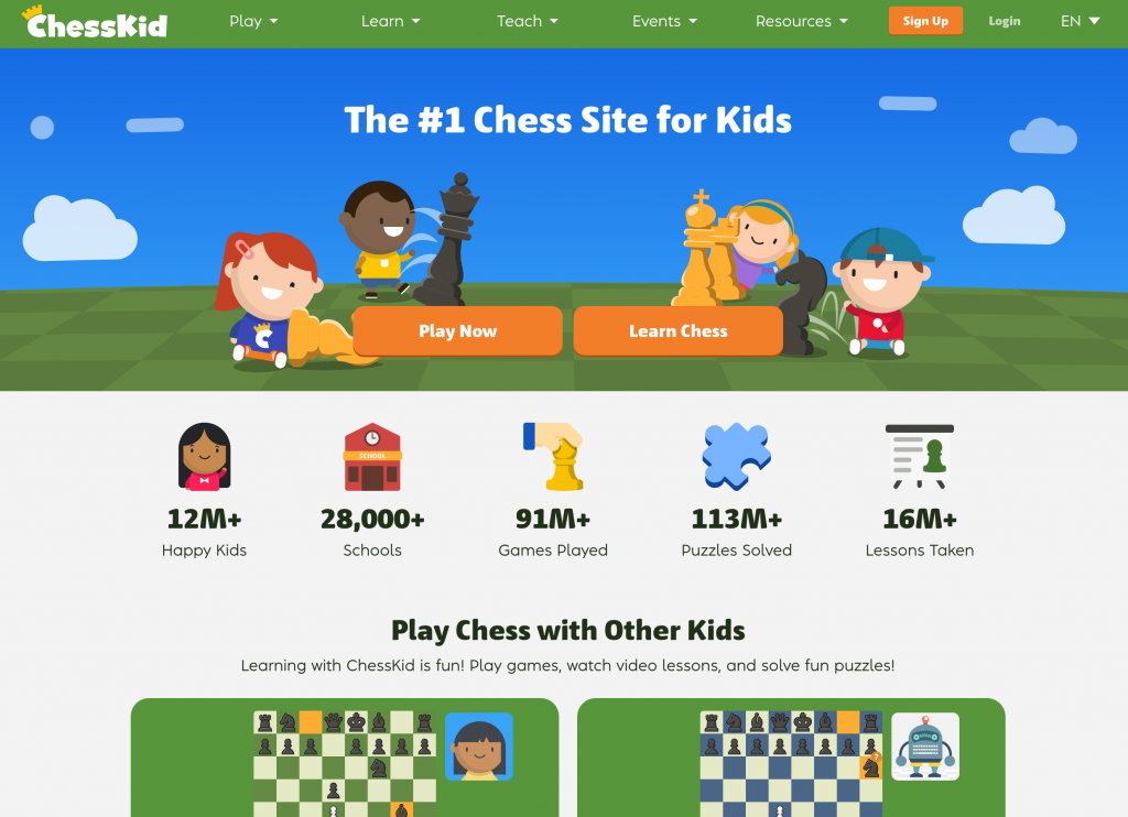 Screenshot of ChessKids Homepage