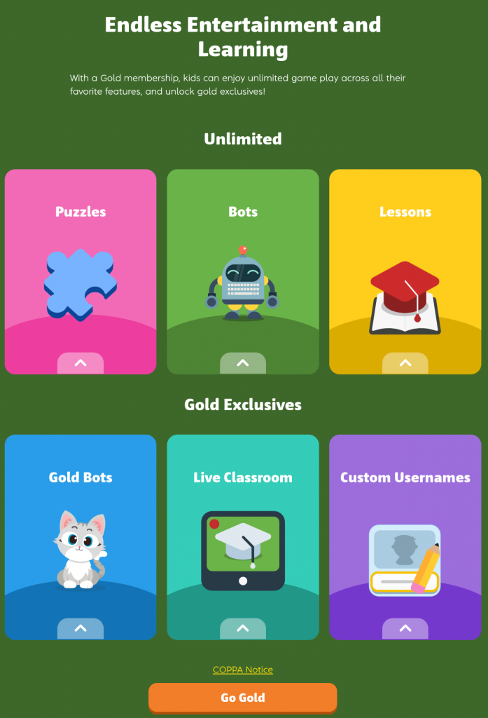 Screenshot of ChessKids Gold member benefits